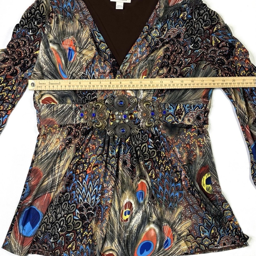 Boston Proper Top Womens Large Jeweled Peacock Print Long Sleeve V-Neck USA Made - Picture 7 of 13